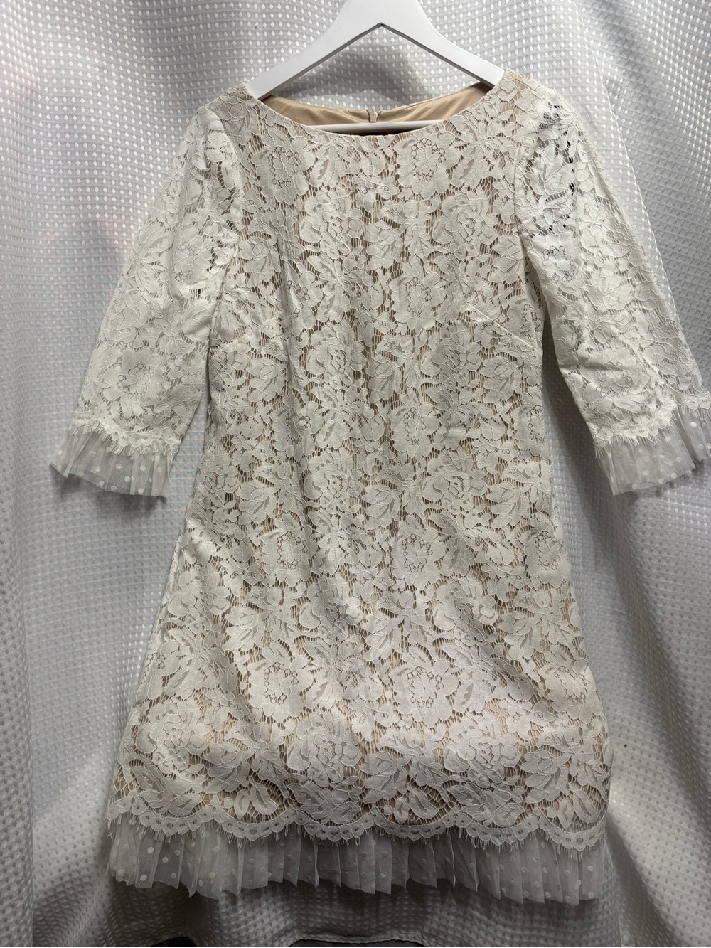 Vince Camuto Ivory Floral Lace Long-Sleeve Dress with Sheer Dot Trim